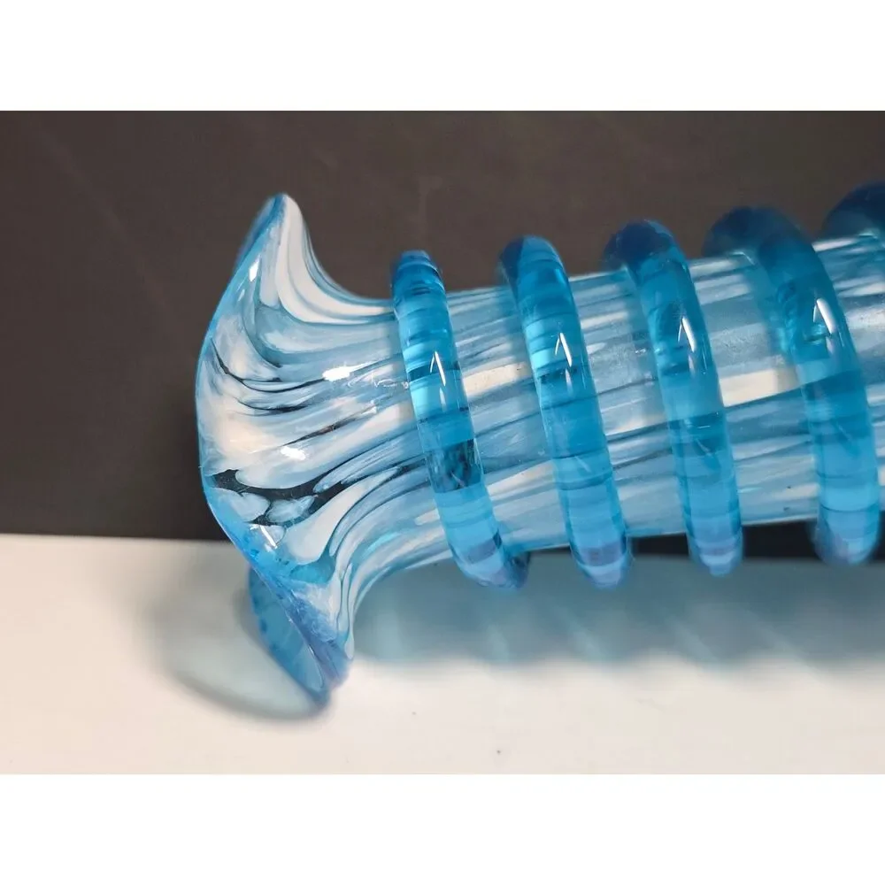 Vtg. Blue White Spatter Art Glass Bud Vase Applied Glass Wrap Hand Blown Ruffle